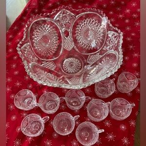 Homestead Clear Punch Bowl & 10 Punch Cups By Duncan & Miller